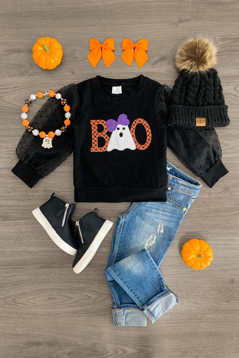 "Boo" Ghost Puffy Long Sleeve Shirt - Sparkle in Pink