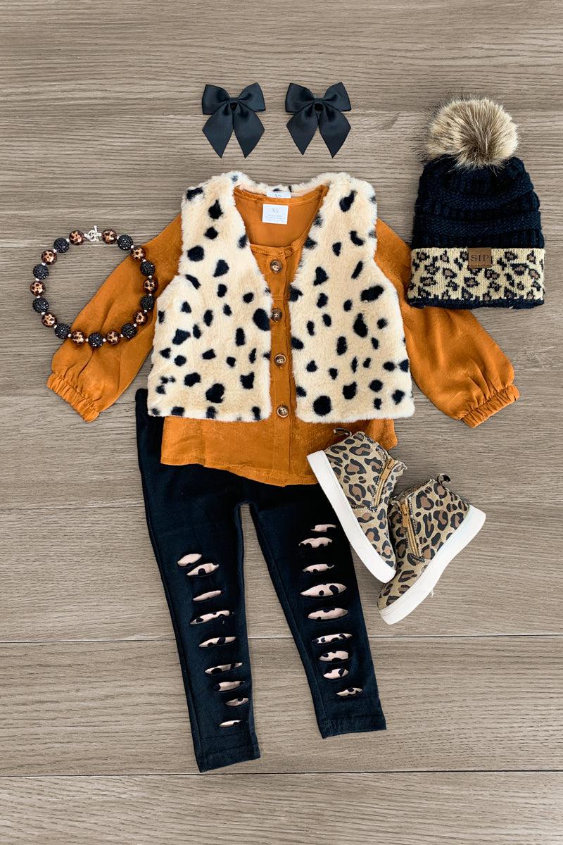 3 Piece - Rust Legging Cheetah Fur Vest Set - Sparkle in Pink
