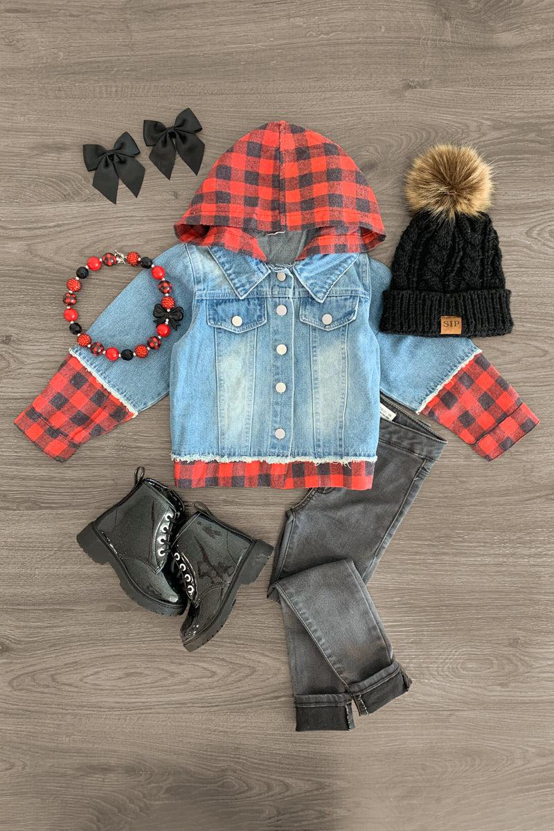 Red Buffalo Plaid Hooded Denim Jacket - Sparkle in Pink