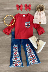 Red Aztec Flare Jean Set - Sparkle in Pink