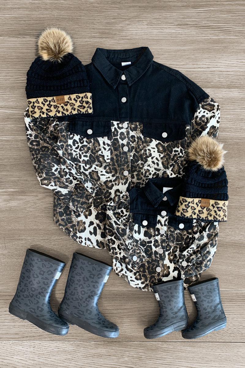 Mom & Me - Black Leopard Denim Jacket - Sparkle in Pink