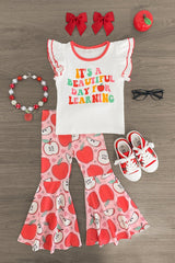"It's A Beautiful Day For Learning" Pink Apple Bell Bottom Set - Sparkle in Pink