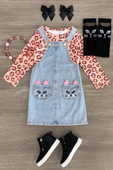 Pink Cheetah Cat Denim Dress Set - Sparkle in Pink