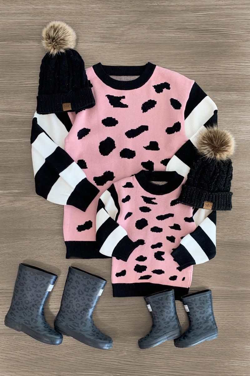 Mom & Me - Blush Cheetah Striped Sweater - Sparkle in Pink