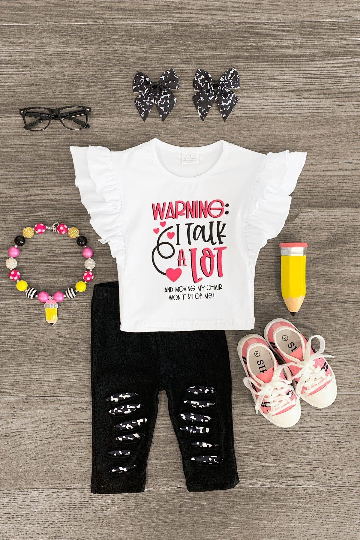 "Warning: I Talk A Lot..." Distressed Legging Set - Sparkle in Pink