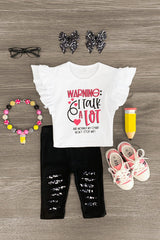 "Warning: I Talk A Lot..." Distressed Legging Set - Sparkle in Pink