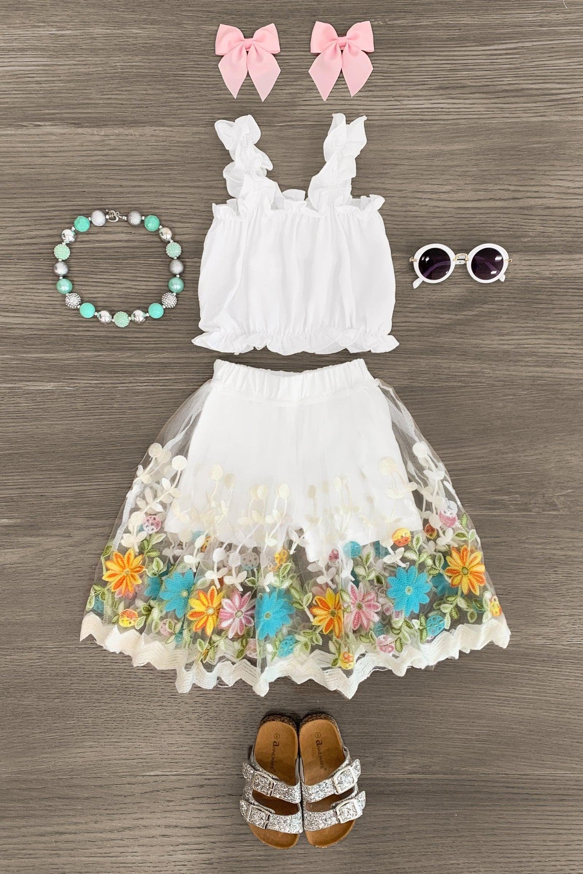 Cream Floral Skort Set - Sparkle in Pink