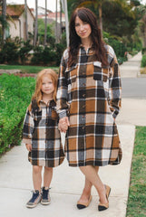 Mom & Me - Tan Flannel Button Down Shacket - Sparkle in Pink