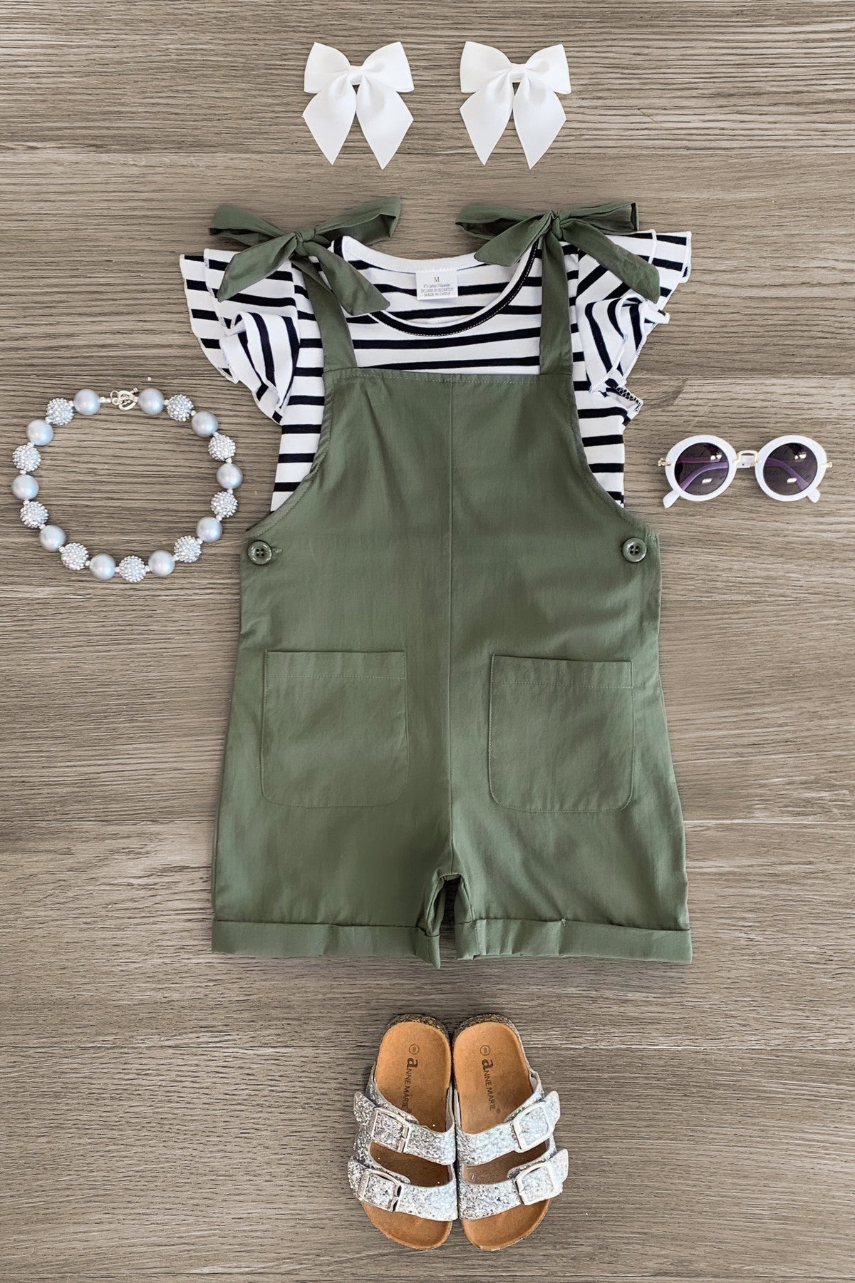 Olive Green Stripe Romper Set - Sparkle in Pink