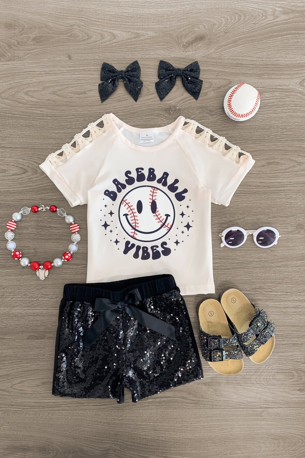 "Baseball Vibes" Smiley Sequin Short Set - Sparkle in Pink