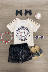 "Baseball Vibes" Smiley Sequin Short Set - Sparkle in Pink