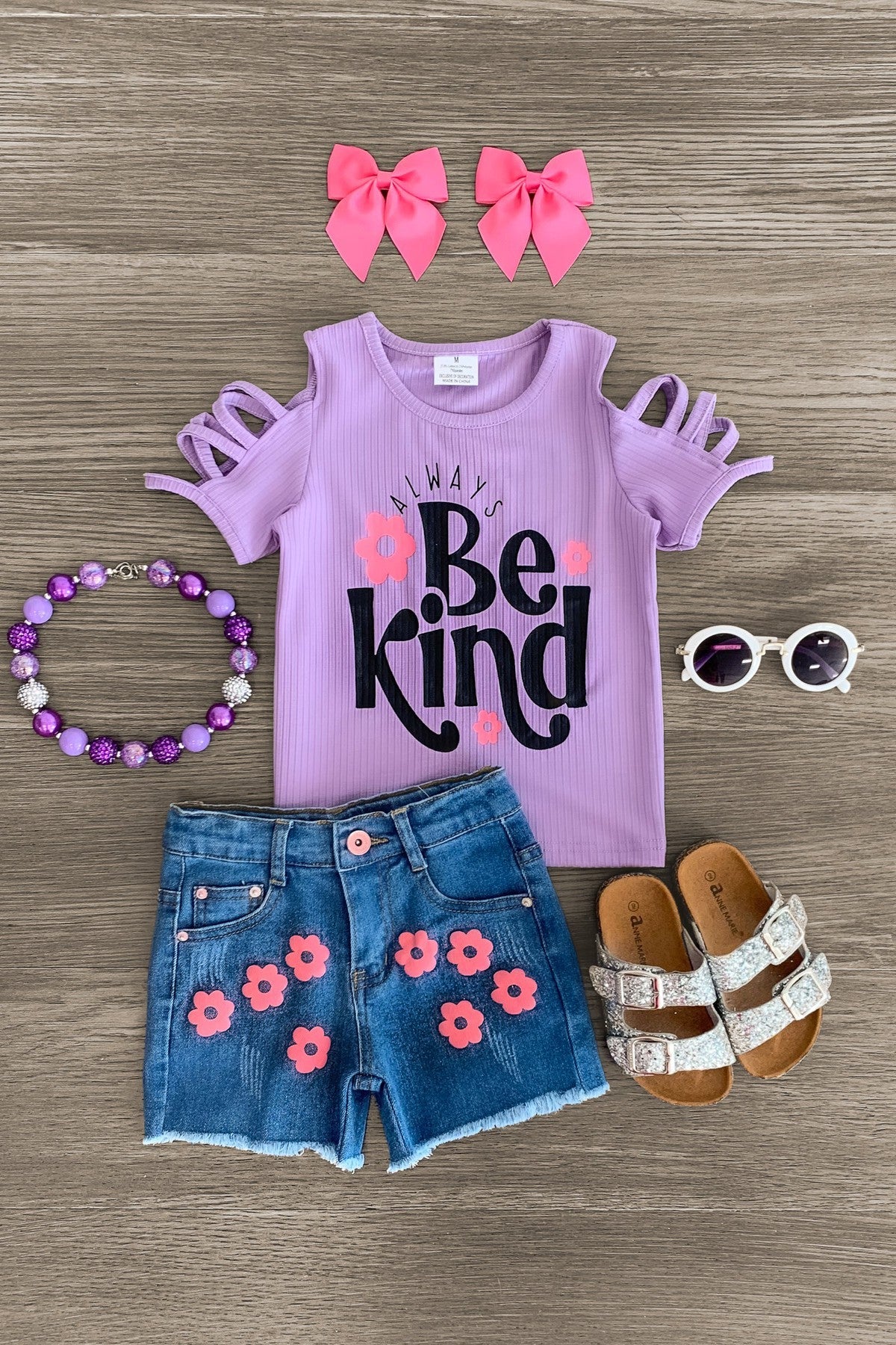 "Always Be Kind" Flower Denim Short Set - Sparkle in Pink