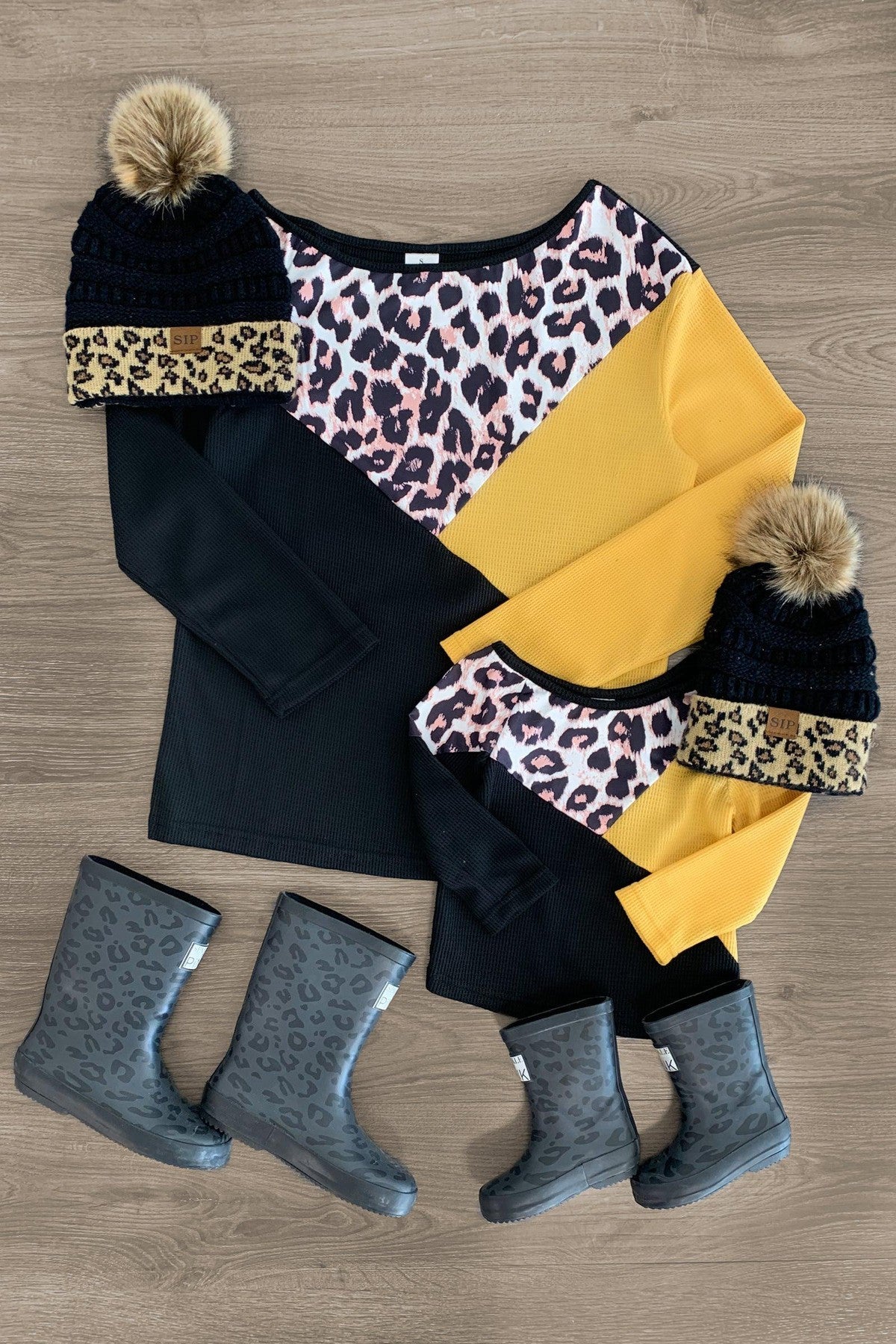 Mom & Me - Black & Yellow Thermal Top - Sparkle in Pink