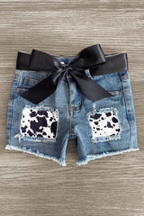 "Moody" Cow Print Denim Short Set - Sparkle in Pink