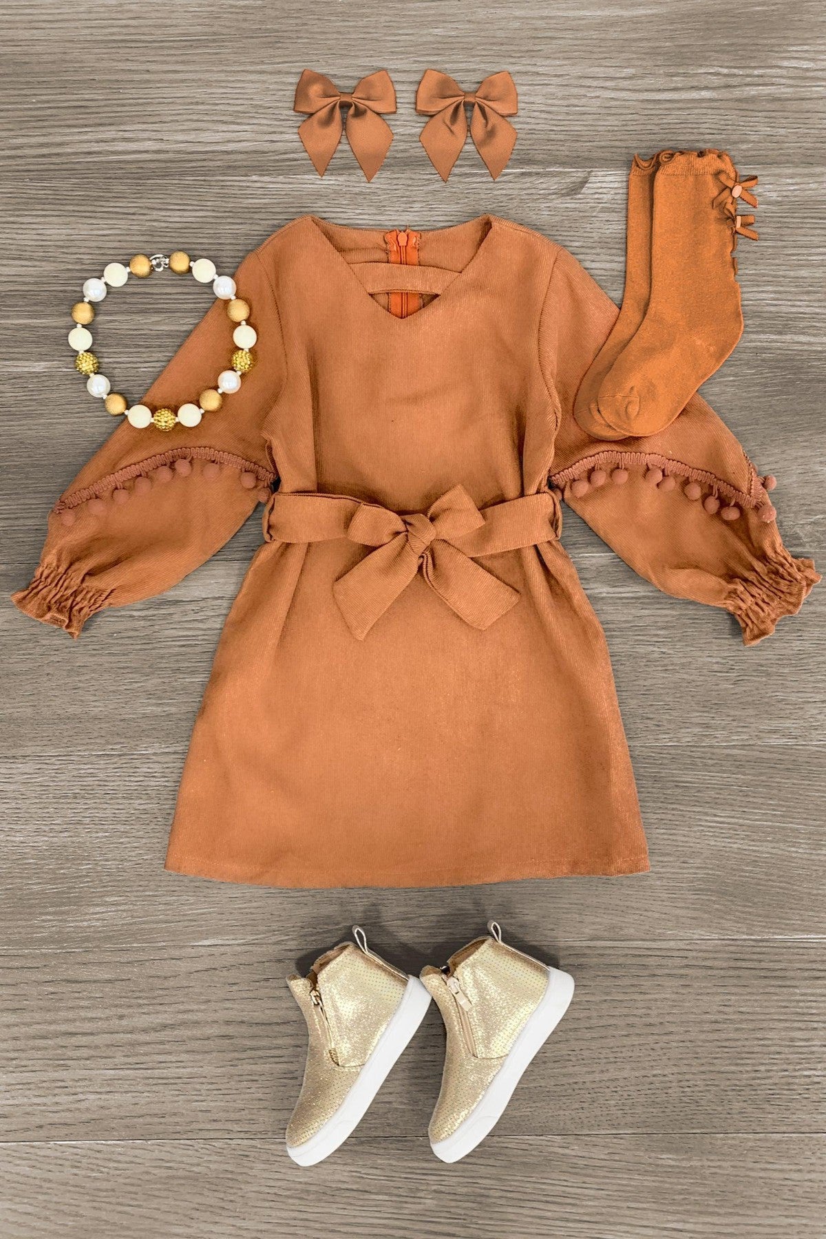 Brown Pom Pom Tie Corduroy Dress - Sparkle in Pink
