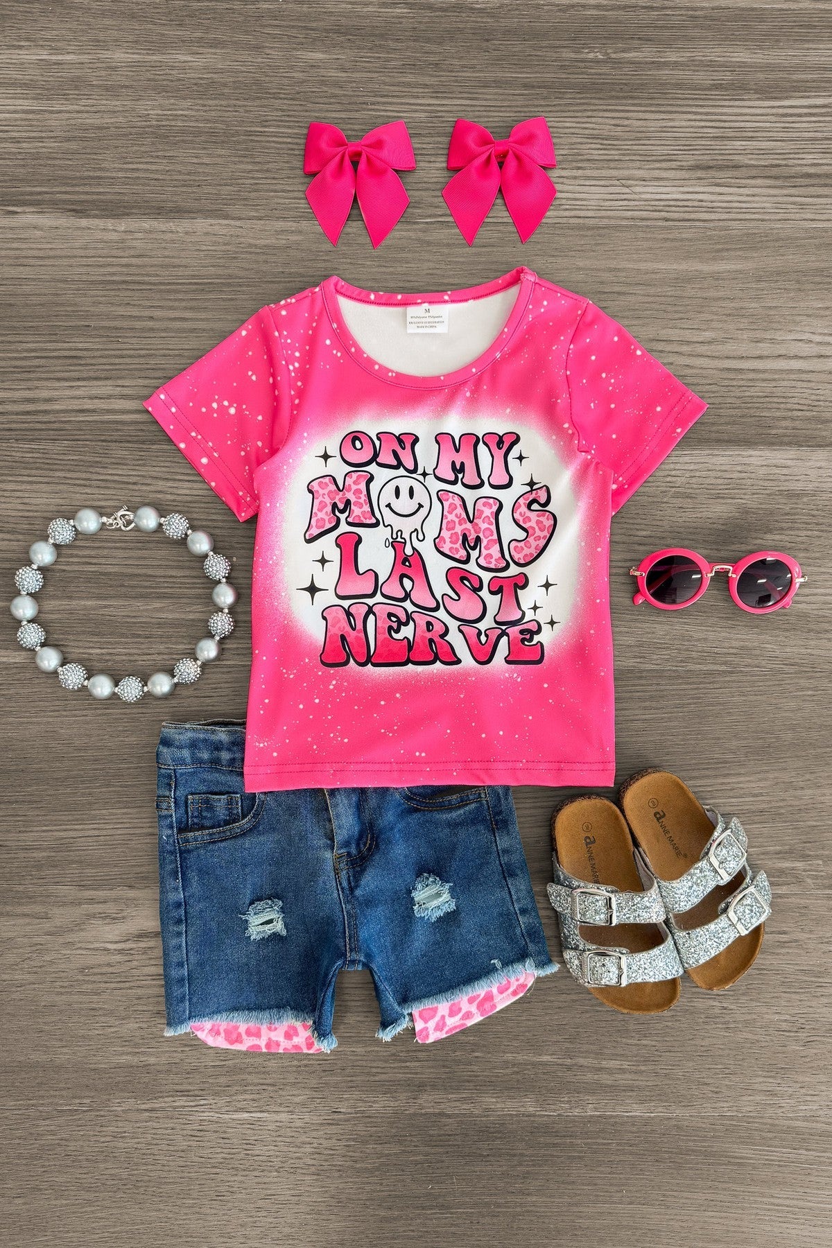 "On My Moms Last Nerve" Denim Short Set - Sparkle in Pink