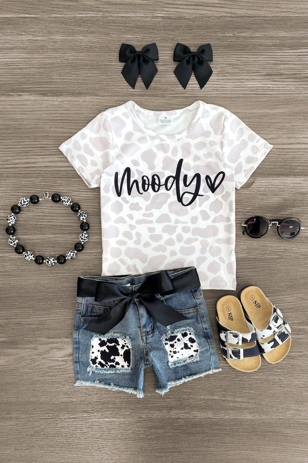 "Moody" Cow Print Denim Short Set - Sparkle in Pink