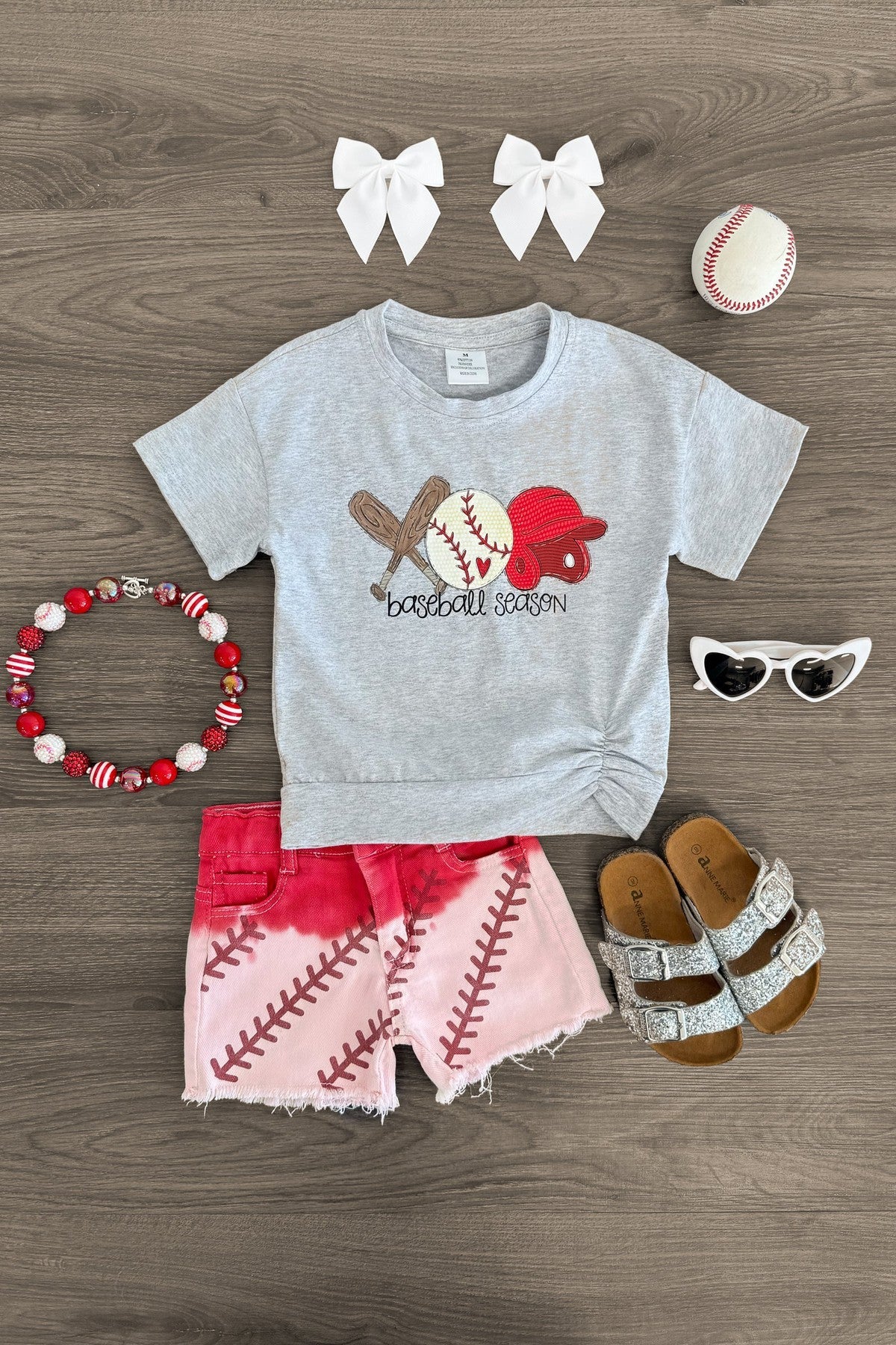 "Baseball Season" Gray & Red Ombre Denim Short Set - Sparkle in Pink