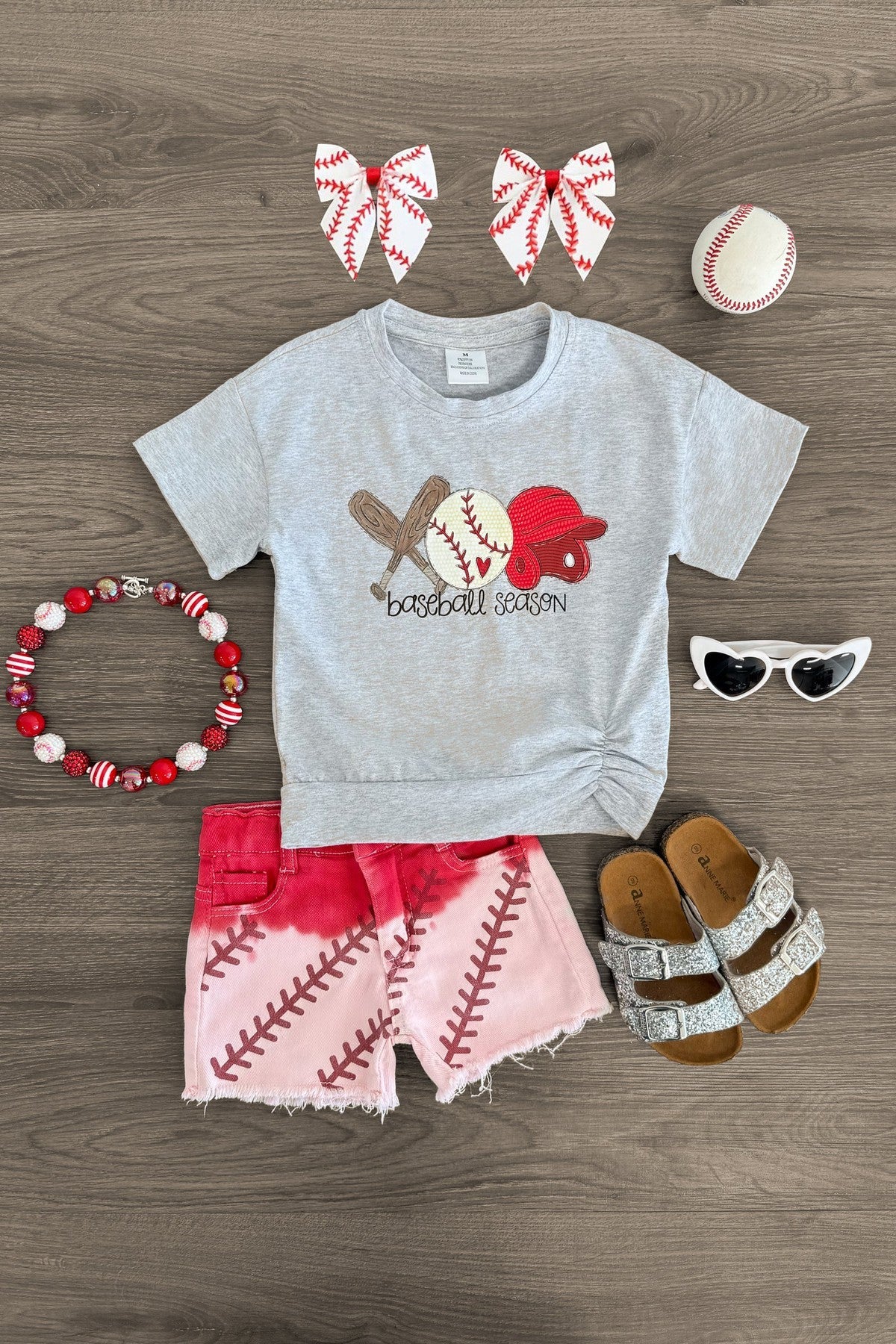 "Baseball Season" Gray & Red Ombre Denim Short Set - Sparkle in Pink