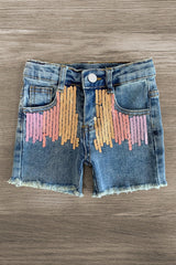Watercolor Flower Sequin Denim Short Set - Sparkle in Pink