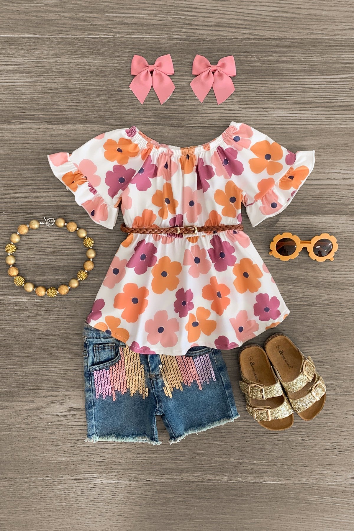 Watercolor Flower Sequin Denim Short Set - Sparkle in Pink