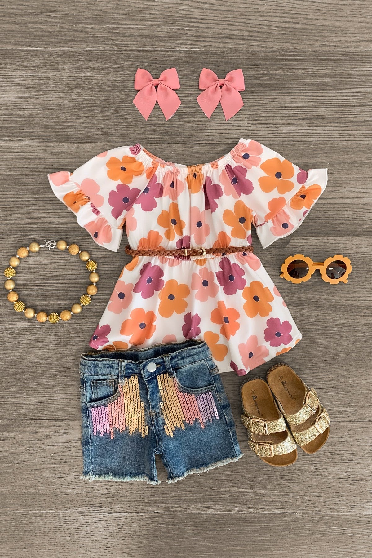Watercolor Flower Sequin Denim Short Set - Sparkle in Pink
