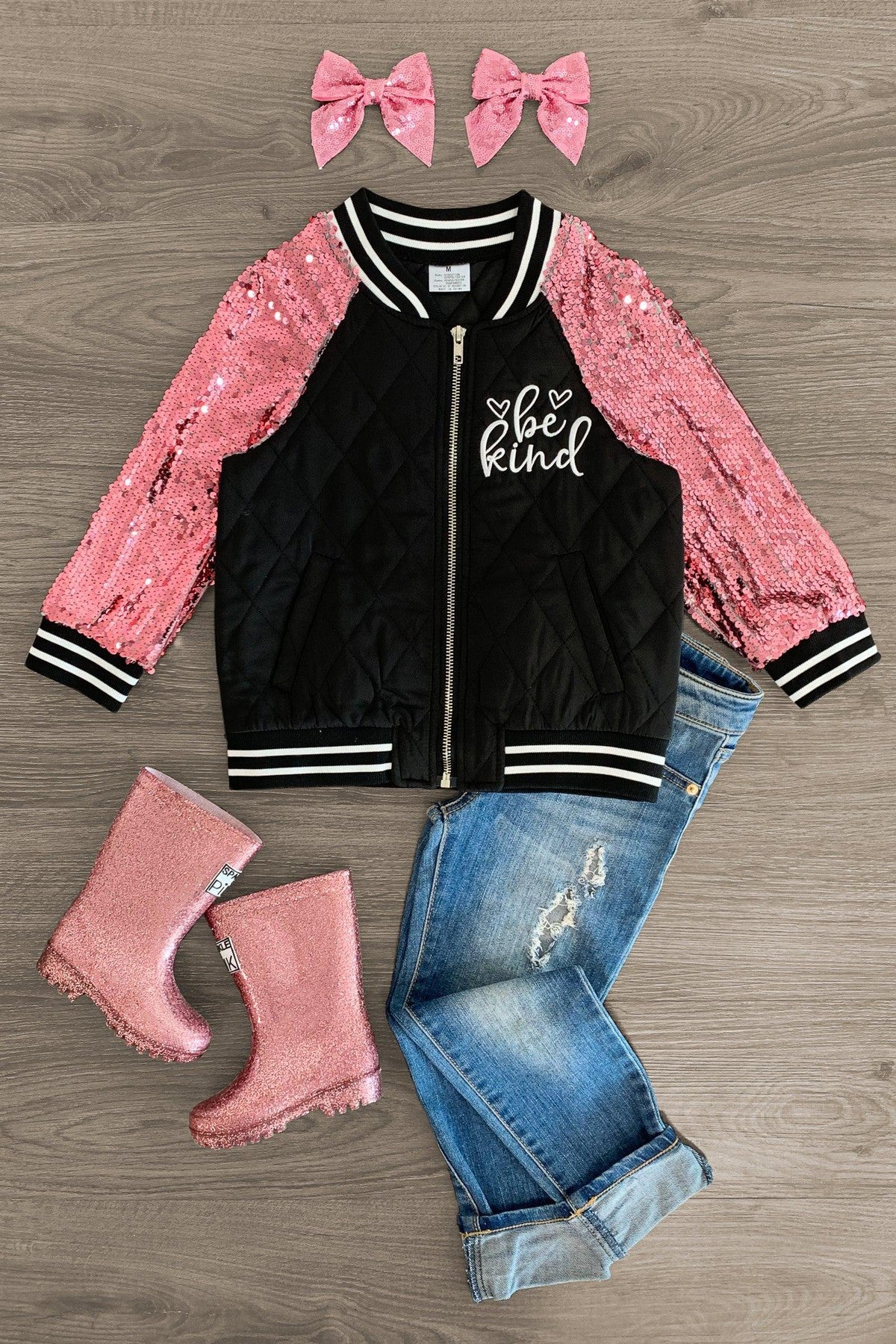"Be Kind" Black & Pink Sequin Bomber Jacket - Sparkle in Pink