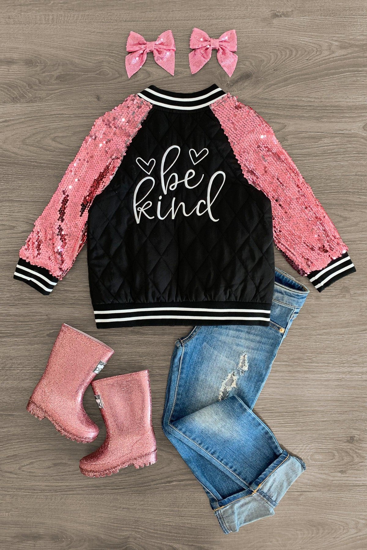 "Be Kind" Black & Pink Sequin Bomber Jacket - Sparkle in Pink