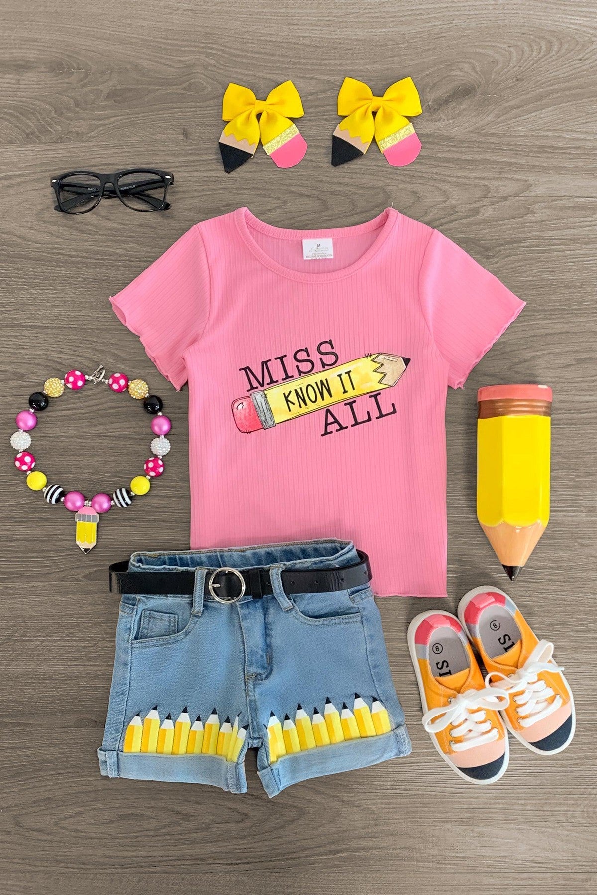 "Miss Know It All" Pencil Denim Short Set - Sparkle in Pink