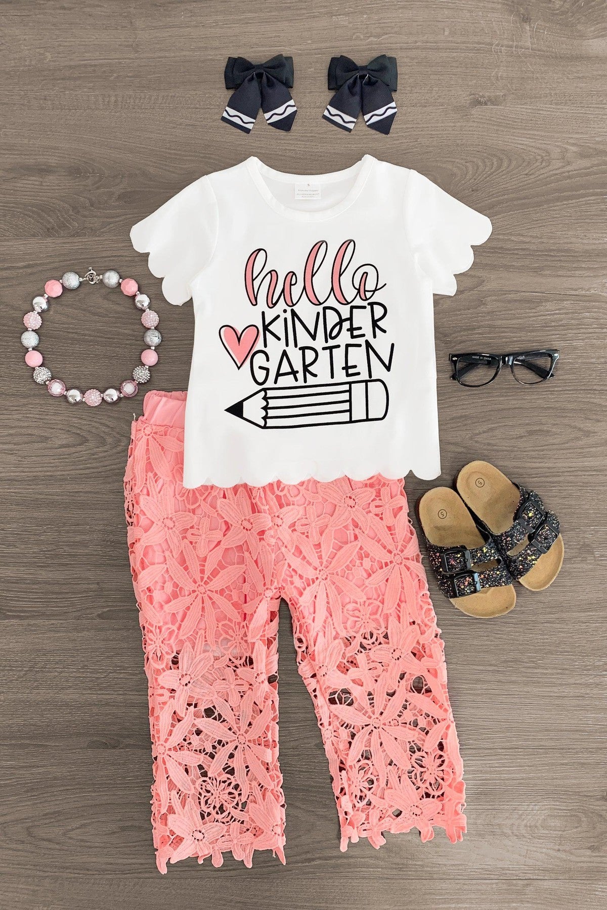 "Hello Pre-K - 6th Grade" Floral Lace Pant Set - Sparkle in Pink