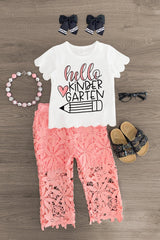 "Hello Pre-K - 6th Grade" Floral Lace Pant Set - Sparkle in Pink