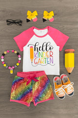 "Hello Preschool - 4th Grade" Rainbow Sequin Short Set - Sparkle in Pink