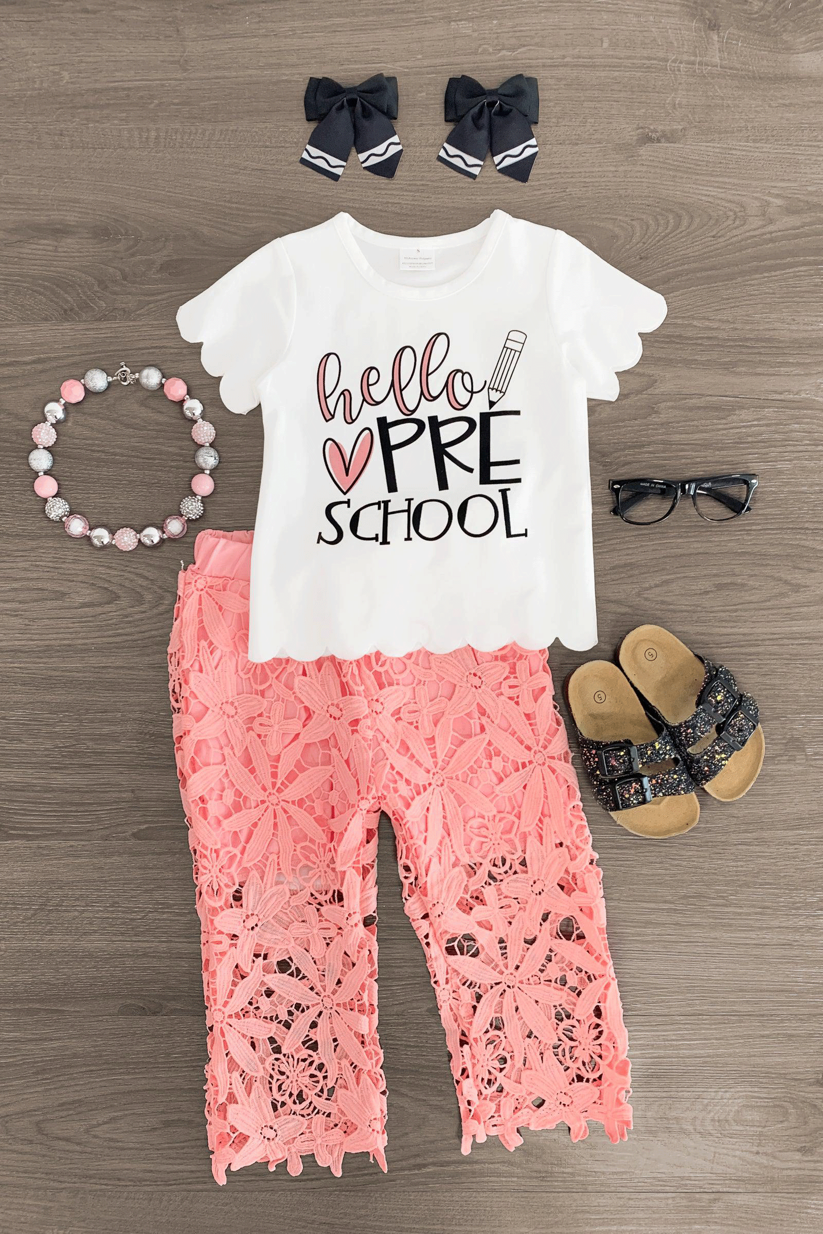 "Hello Pre-K - 6th Grade" Floral Lace Pant Set - Sparkle in Pink