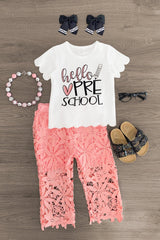 "Hello Pre-K - 6th Grade" Floral Lace Pant Set - Sparkle in Pink