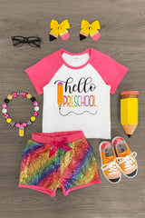 "Hello Preschool - 4th Grade" Rainbow Sequin Short Set - Sparkle in Pink