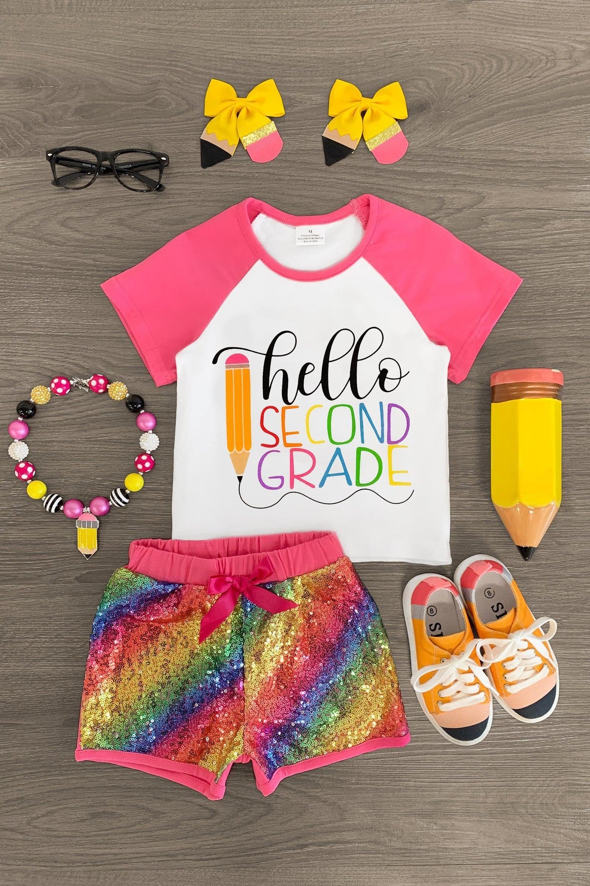 "Hello Preschool - 4th Grade" Rainbow Sequin Short Set - Sparkle in Pink