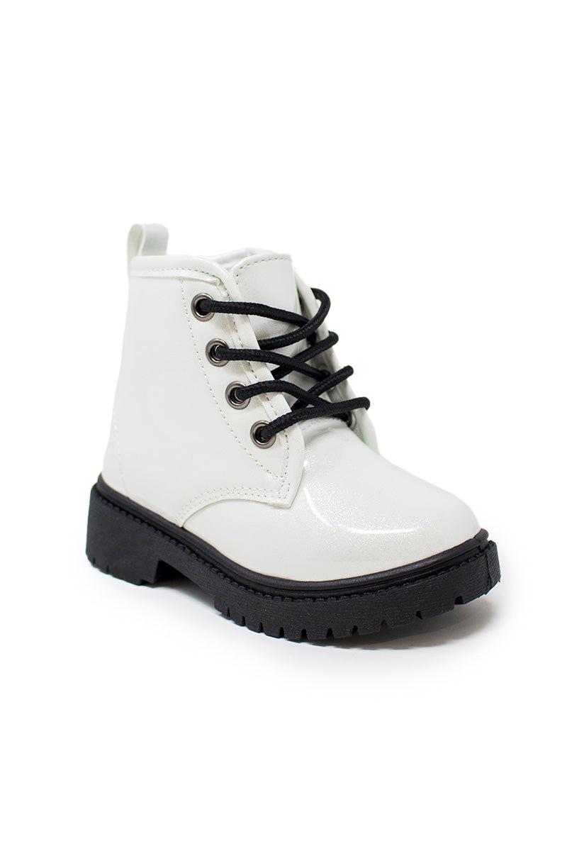 White Glitter Lace-Up Combat Boots - Sparkle in Pink