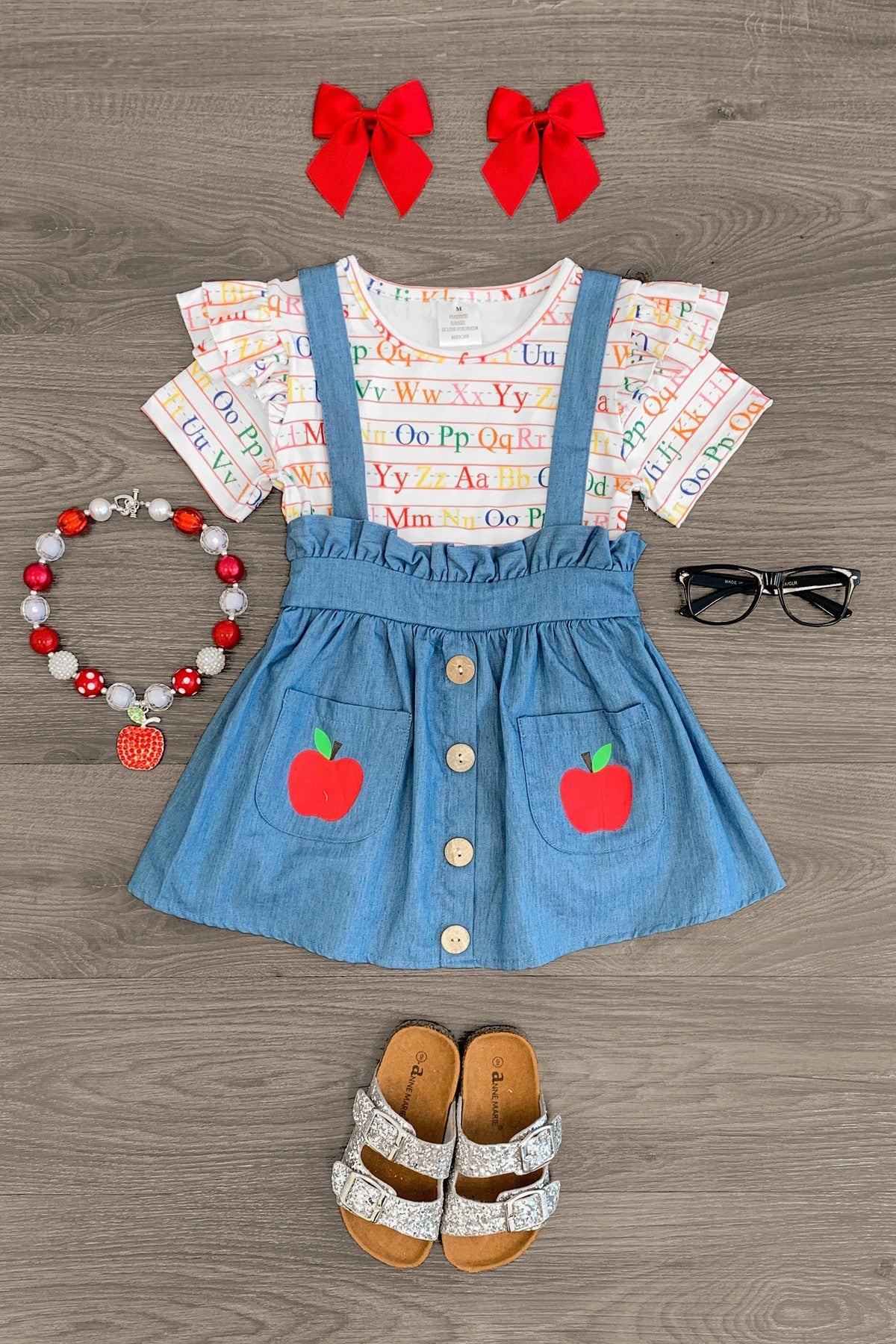 Alphabet Denim Suspender Skirt Set - Sparkle in Pink