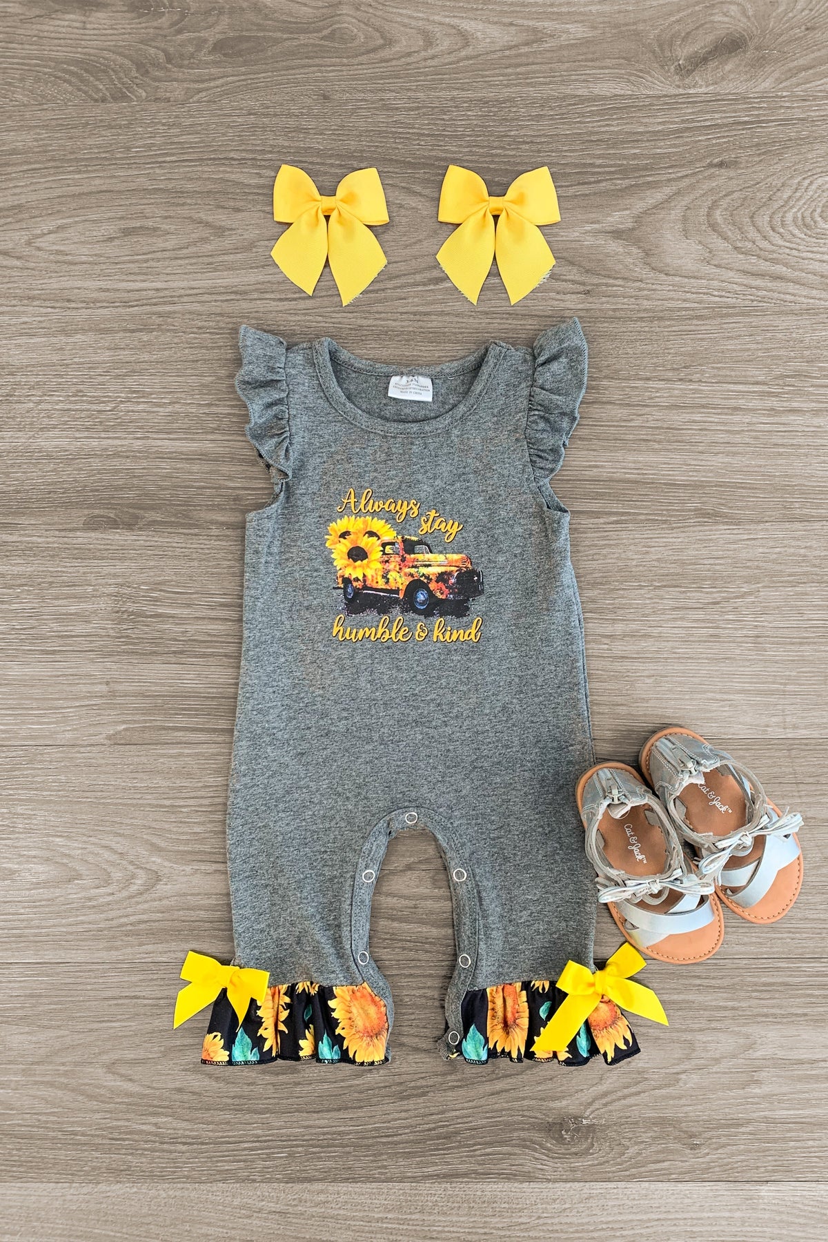 "Always Stay Humble & Kind" Gray Romper - Sparkle in Pink