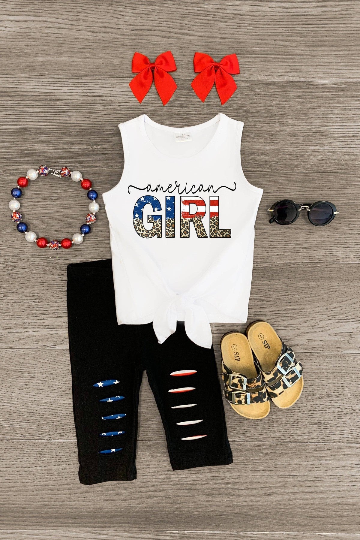 "American Girl" Patriotic Distressed Capri Set - Sparkle in Pink