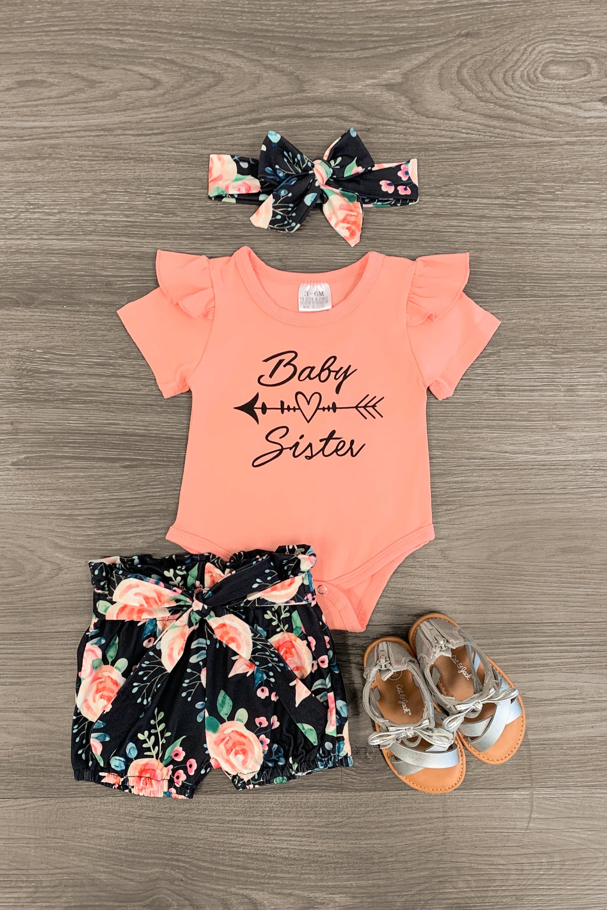 "Baby Sister" Floral Onesie & Short Set - Sparkle in Pink