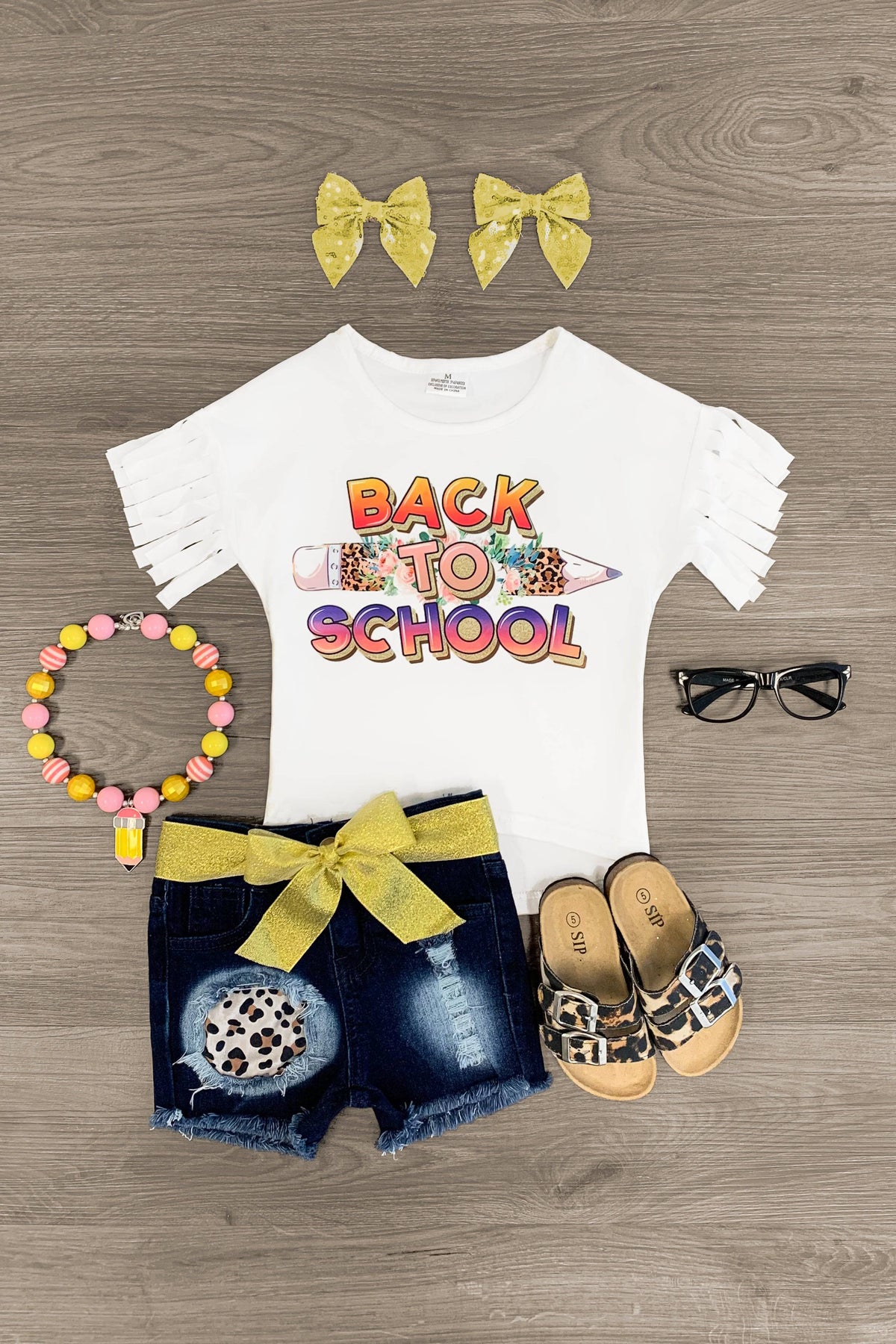 "Back To School" Distressed Denim Short Set - Sparkle in Pink
