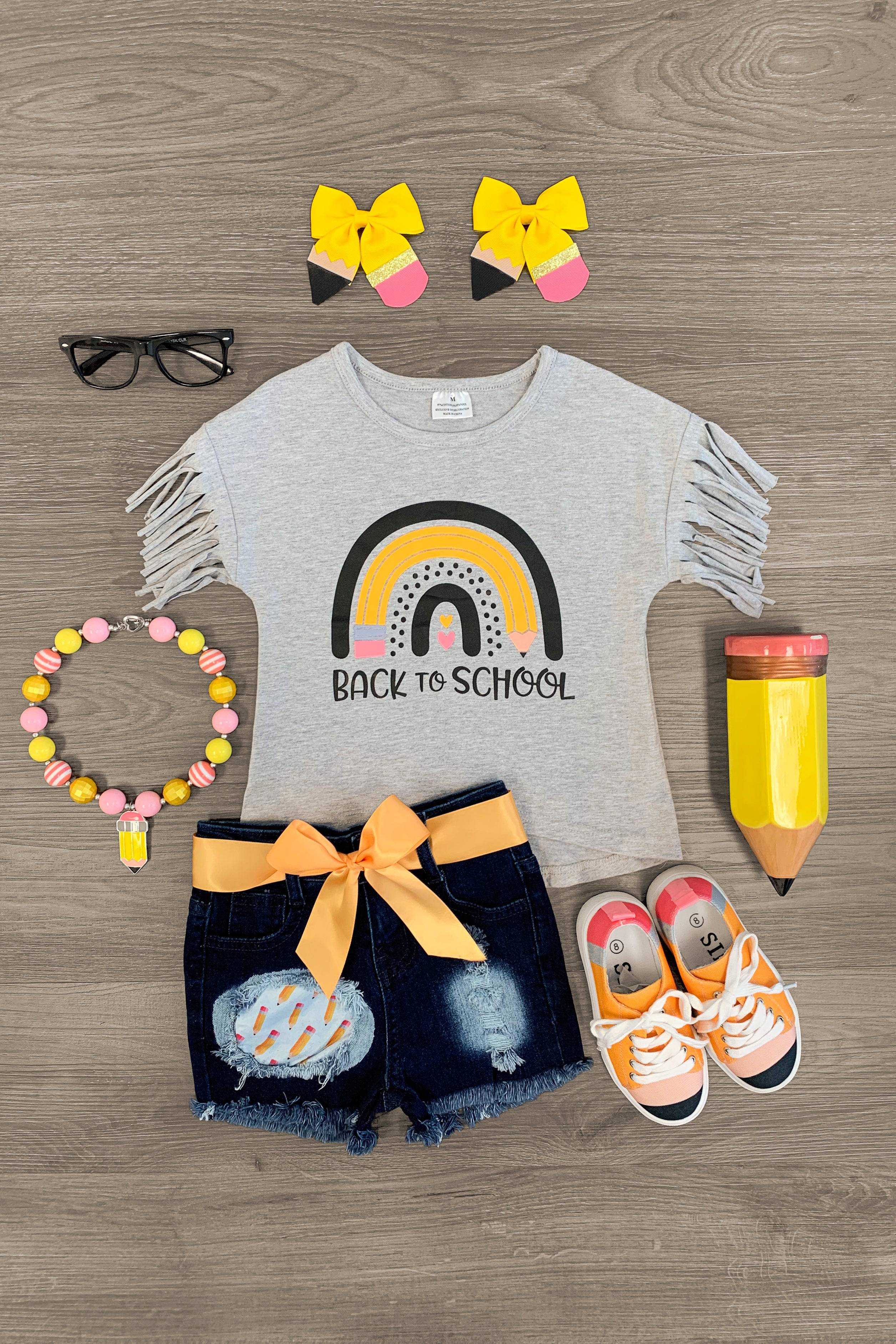 "Back To School" Rainbow Denim Short Set - Sparkle in Pink