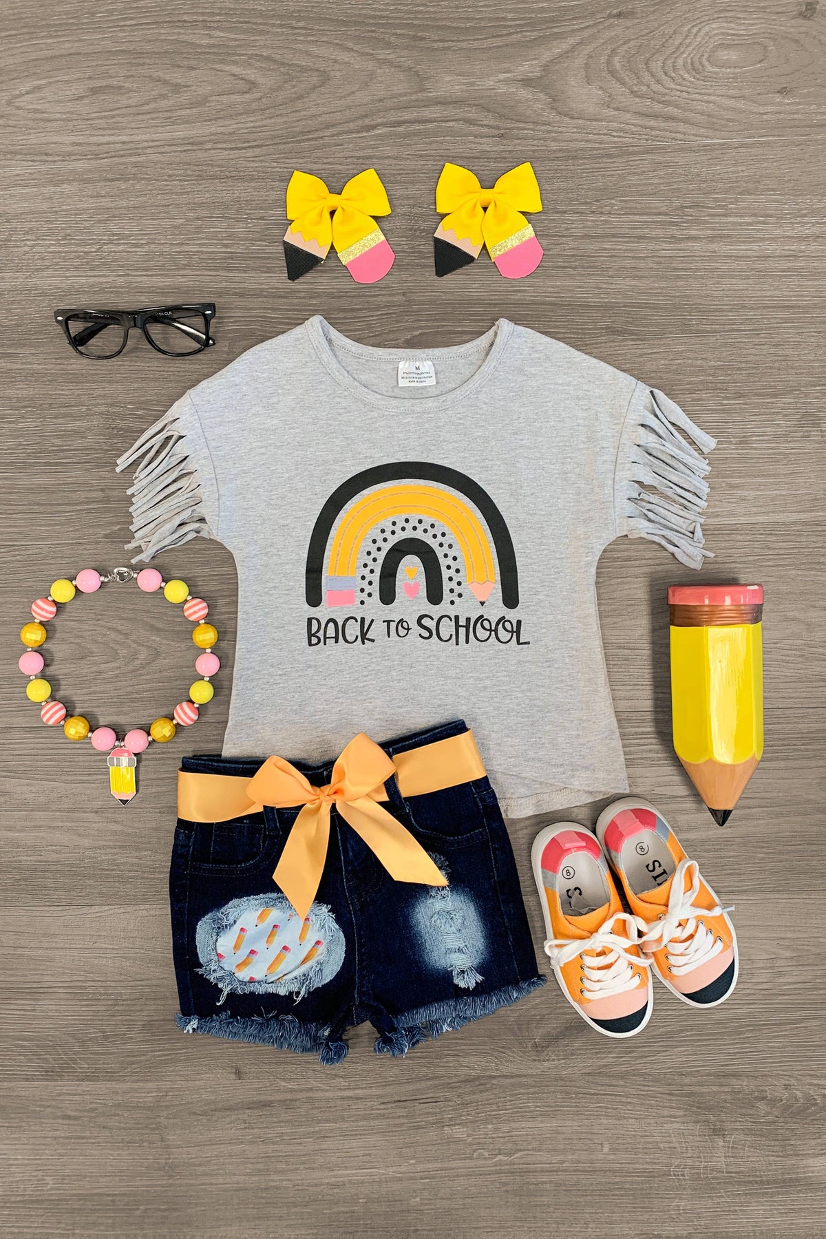"Back To School" Rainbow Denim Short Set - Sparkle in Pink