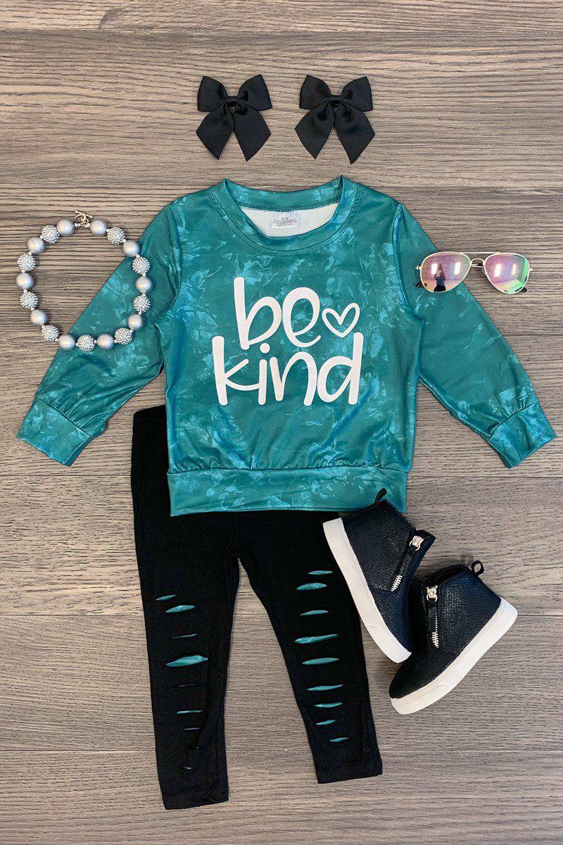 "Be Kind" Green Distressed Legging Set - Sparkle in Pink
