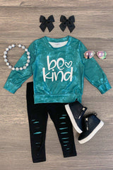 "Be Kind" Green Distressed Legging Set - Sparkle in Pink