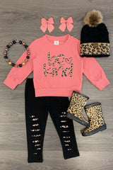 "Be Kind" Pink Leopard Distressed Legging Set - Sparkle in Pink
