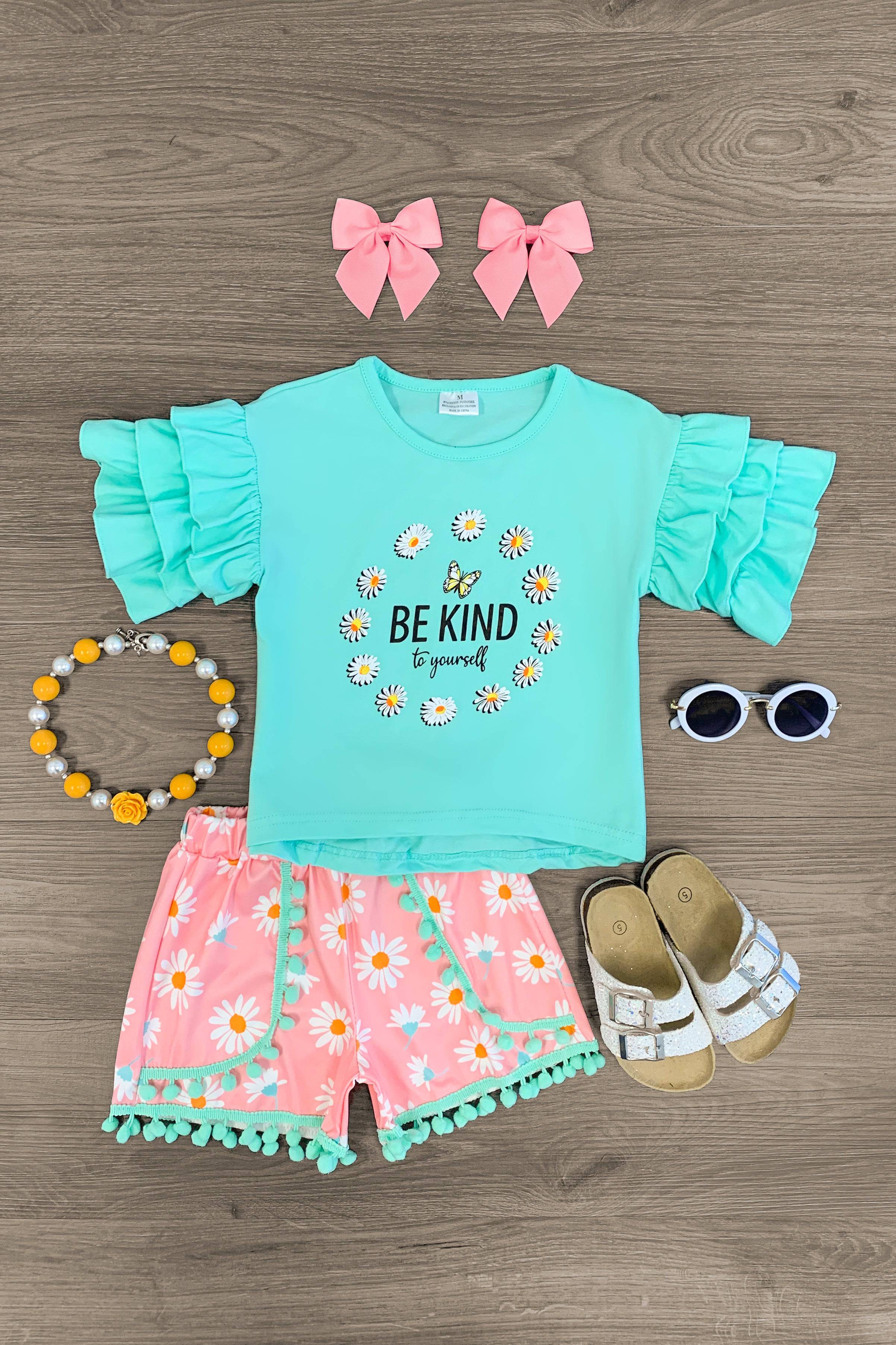 "Be Kind To Yourself" Mint Daisy Short Set - Sparkle in Pink
