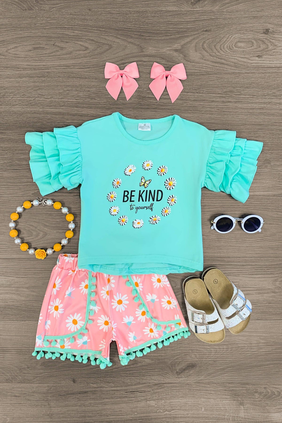 "Be Kind To Yourself" Mint Daisy Short Set - Sparkle in Pink