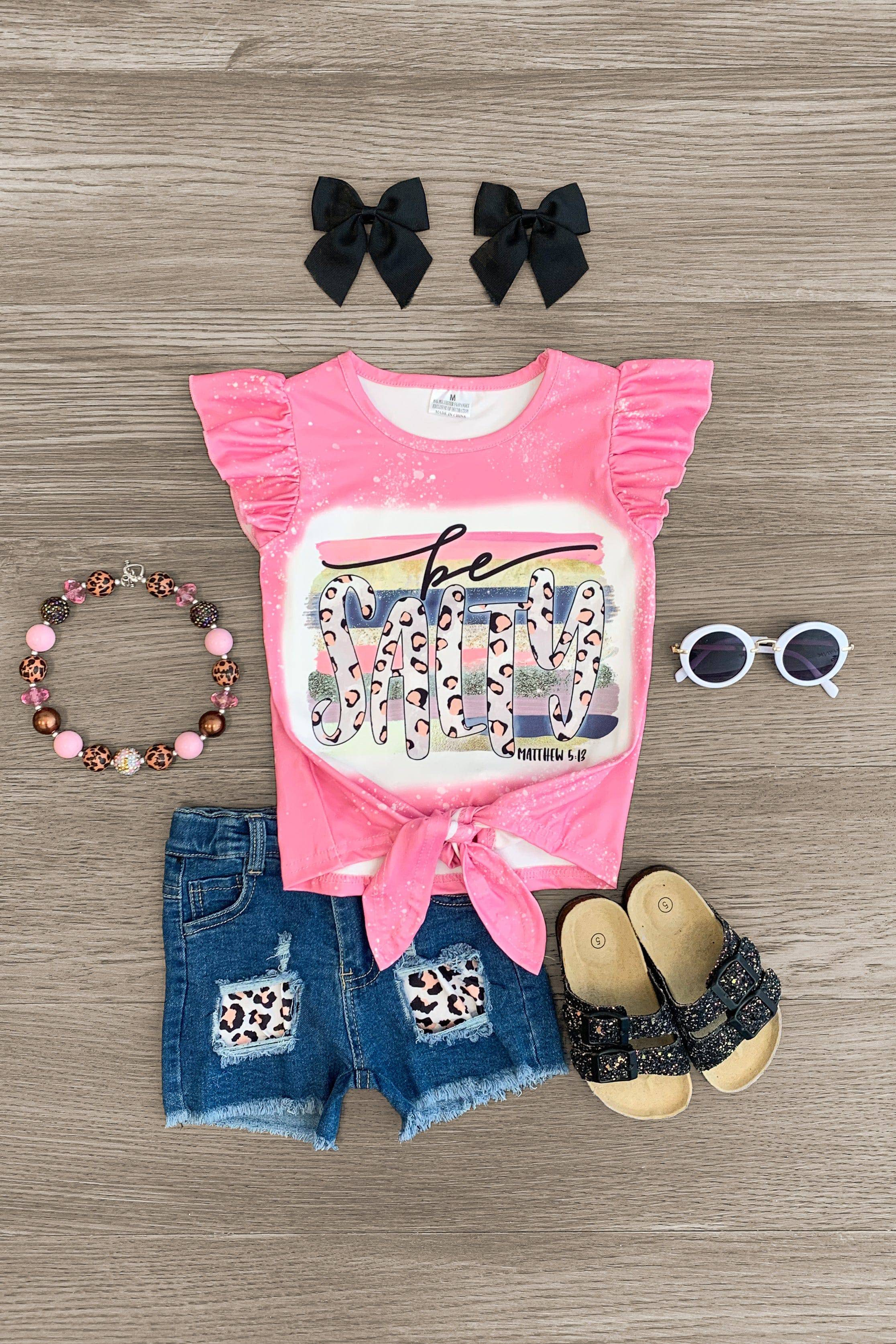 "Be Salty" Distressed Denim Short Set - Sparkle in Pink